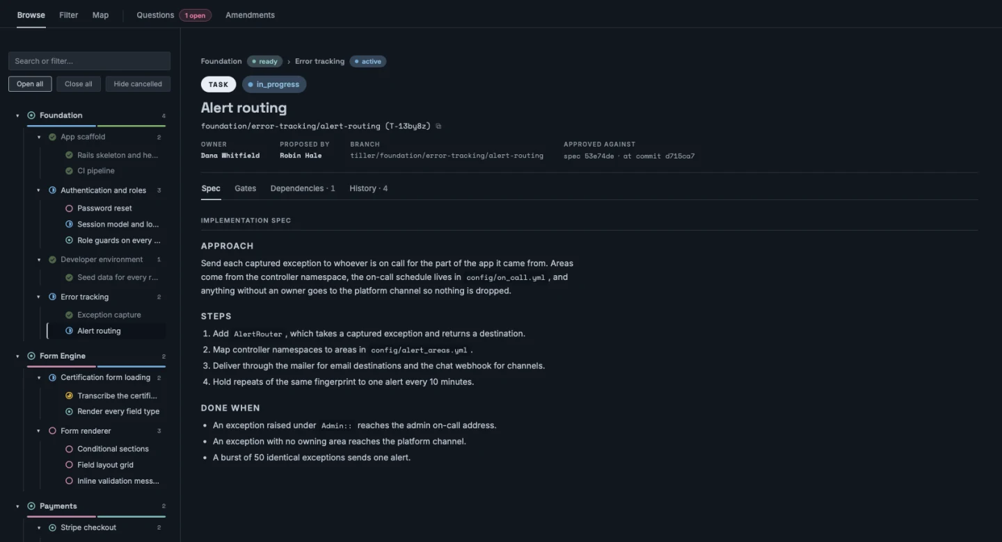 Explore: the project tree opened from epics to tasks, with the Alert routing task selected and its approach, steps, and done-when criteria in the reading pane