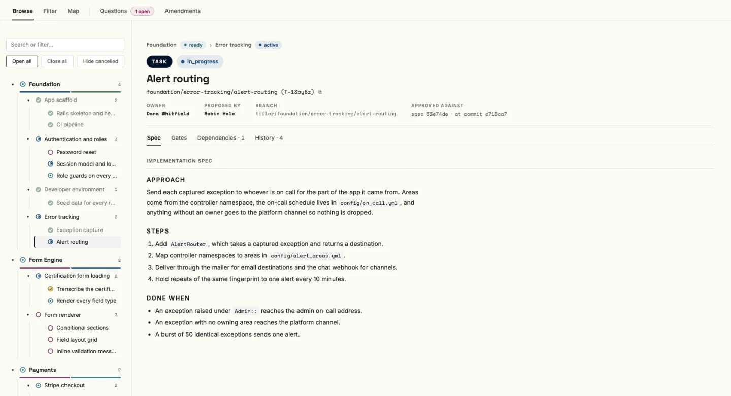 Explore: the project tree opened from epics to tasks, with the Alert routing task selected and its approach, steps, and done-when criteria in the reading pane