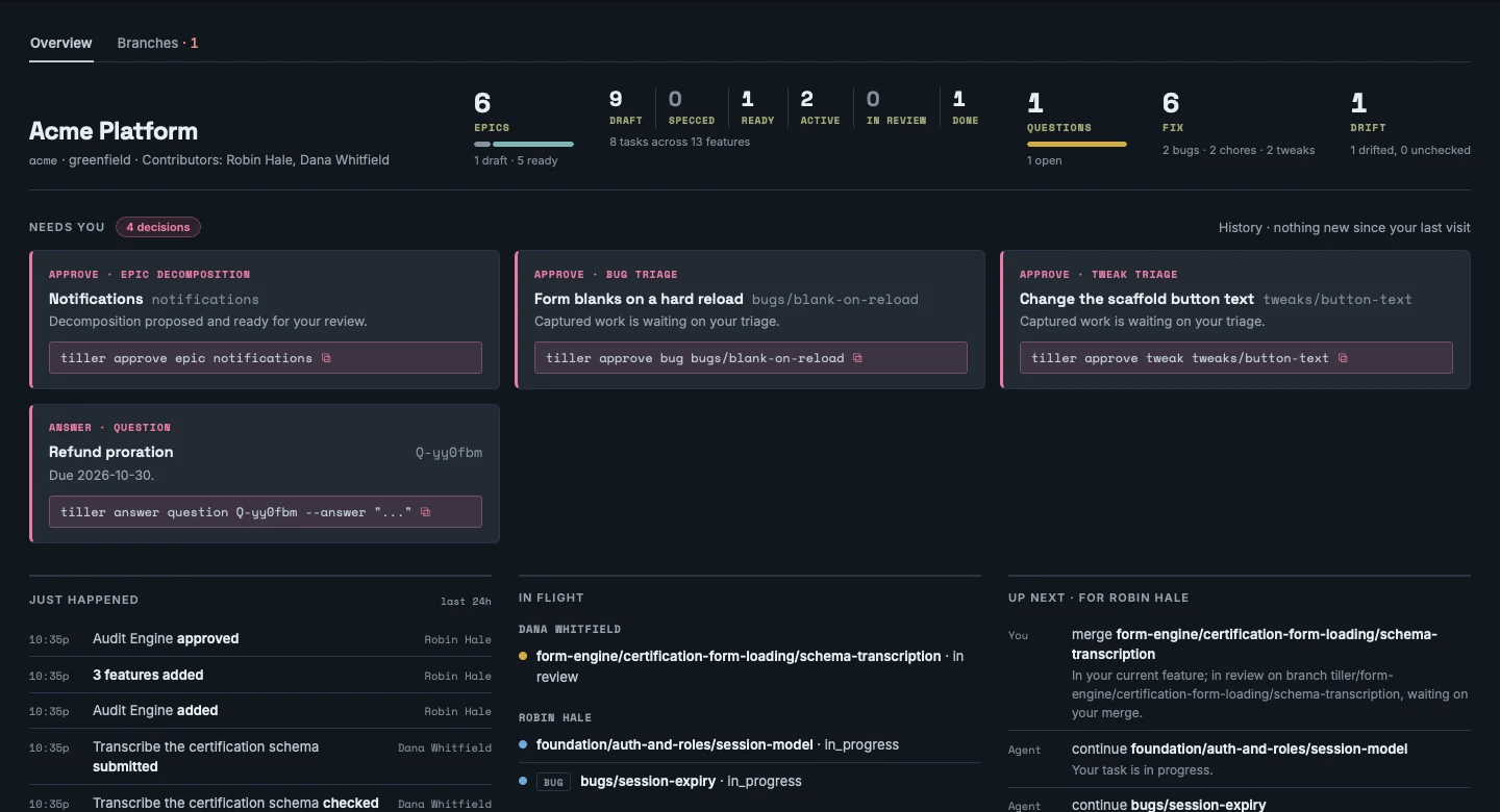 The tiller console's Home view, dark theme