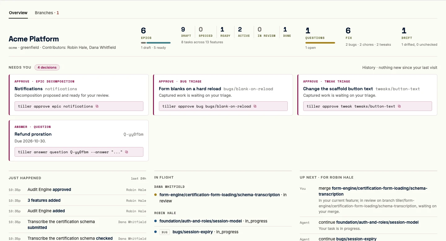 The tiller console's Home view, light theme